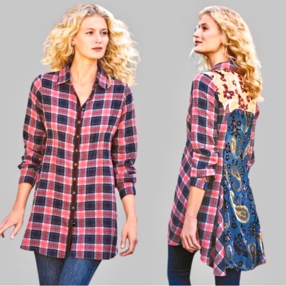 Soft Surroundings plaid sheer embroidery back panel unique tunic , size S - Picture 1 of 11